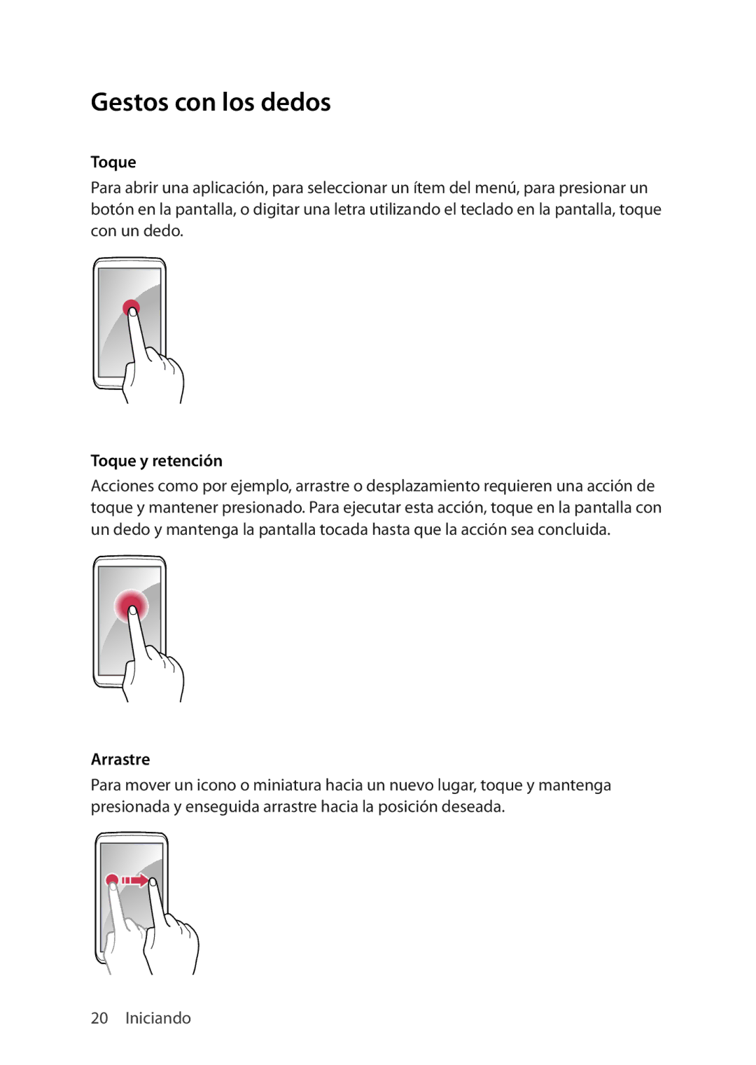 Verizon 5U000692C0A manual Gestos con los dedos, Toque y retención, Arrastre 