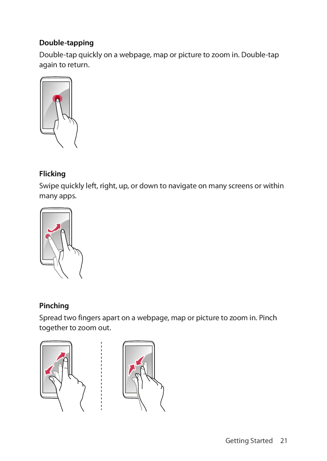 Verizon 5U000692C0A manual Double‑tapping, Flicking, Pinching 