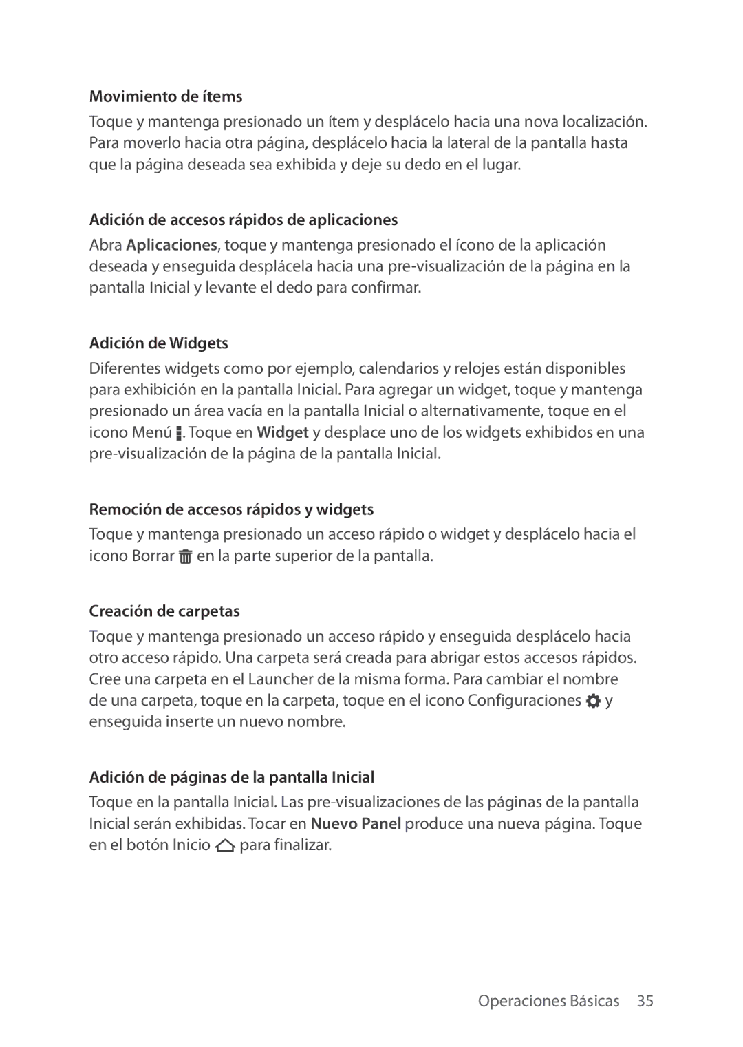 Verizon 5U000692C0A manual Movimiento de ítems, Adición de accesos rápidos de aplicaciones, Adición de Widgets 