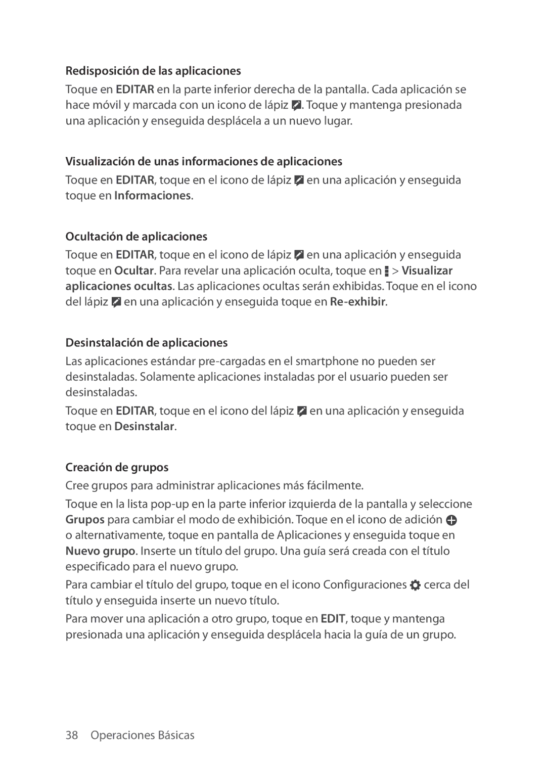 Verizon 5U000692C0A manual Redisposición de las aplicaciones, Visualización de unas informaciones de aplicaciones 