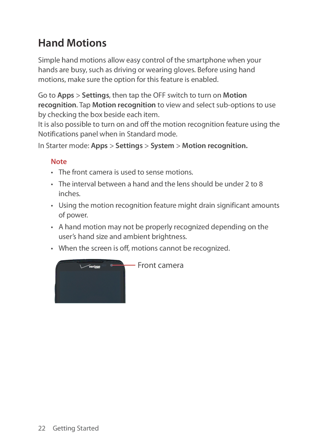 Verizon 5U000692C0A manual Hand Motions, Starter mode Apps Settings System Motion recognition 