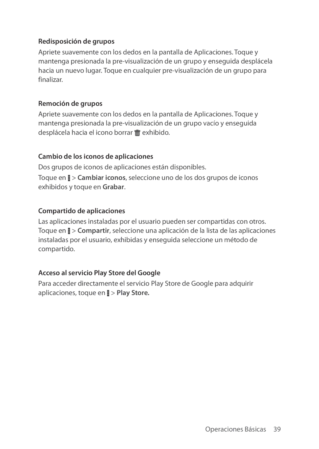 Verizon 5U000692C0A manual Redisposición de grupos, Remoción de grupos, Cambio de los iconos de aplicaciones 