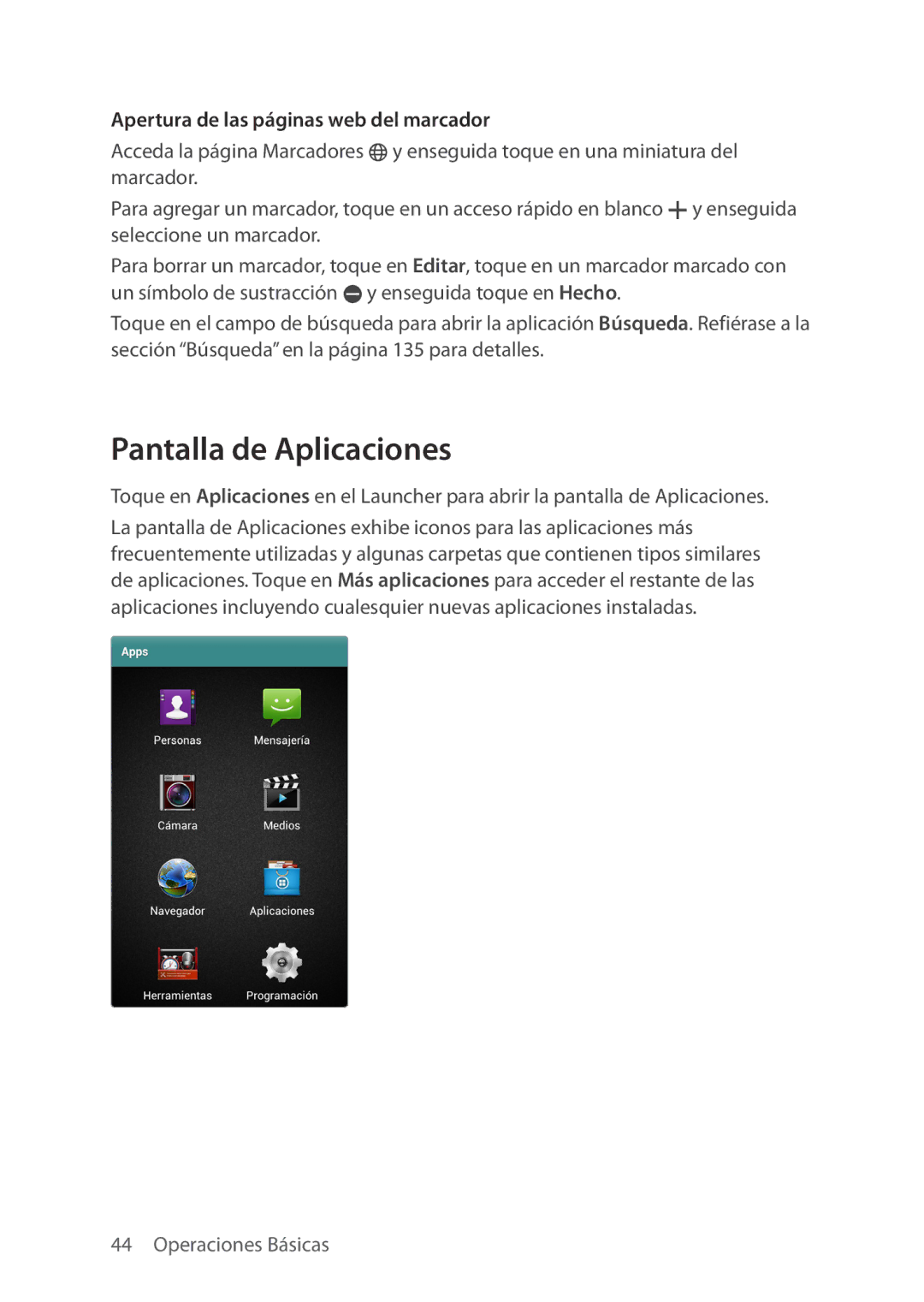 Verizon 5U000692C0A manual Pantalla de Aplicaciones, Apertura de las páginas web del marcador 