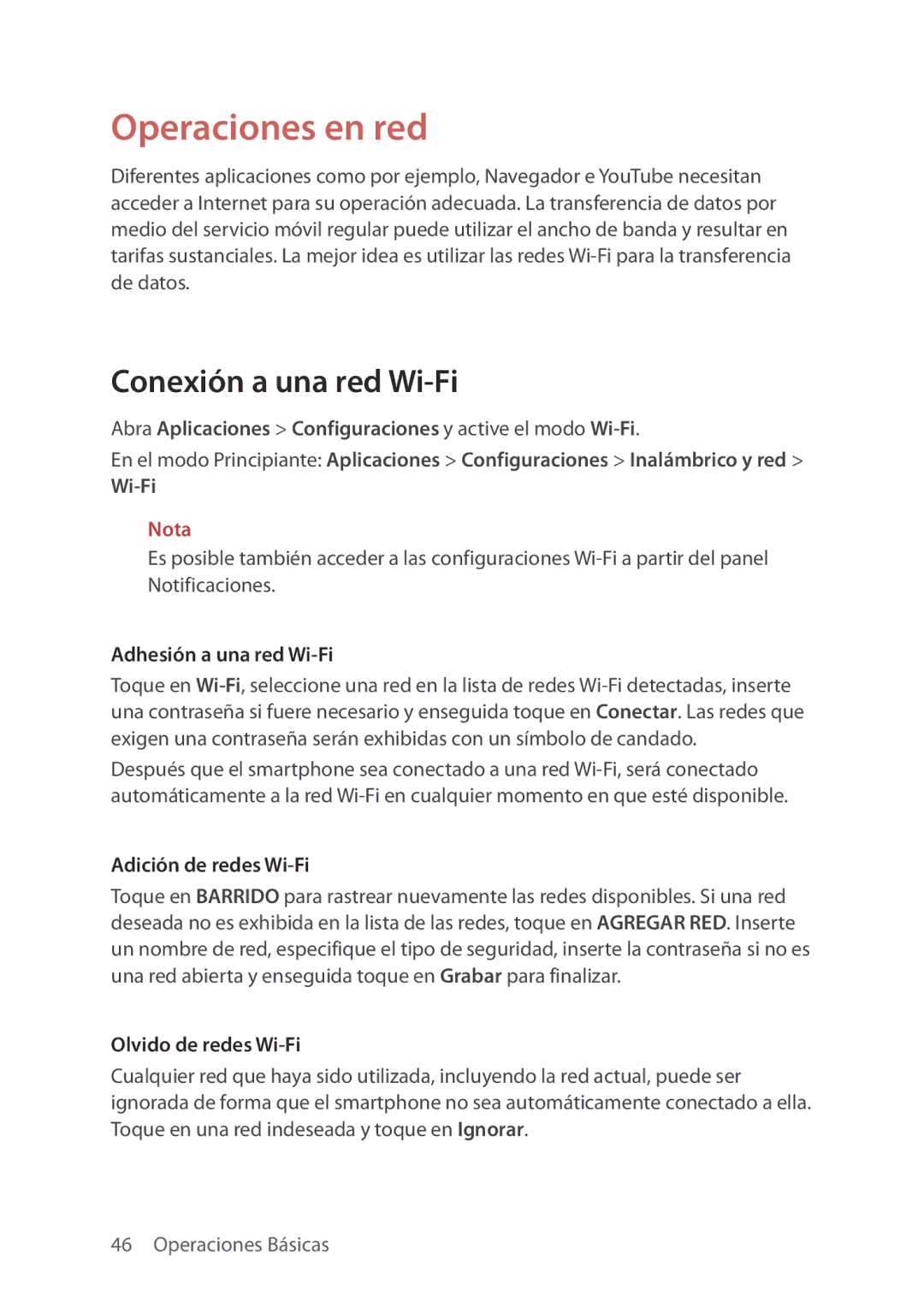 Verizon 5U000692C0A manual Operaciones en red, Conexión a una red Wi-Fi, Adhesión a una red Wi-Fi, Adición de redes Wi-Fi 