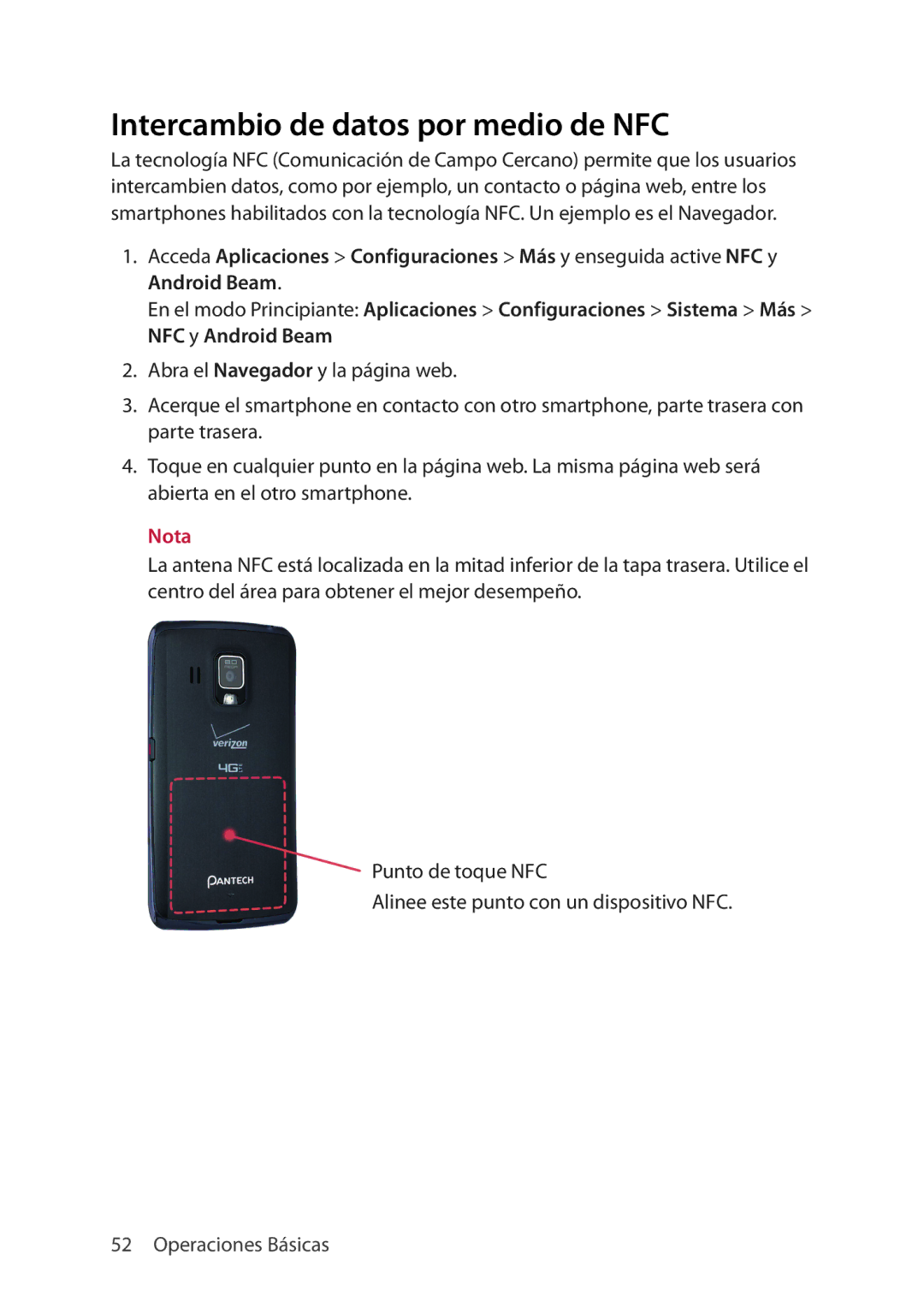 Verizon 5U000692C0A manual Intercambio de datos por medio de NFC 