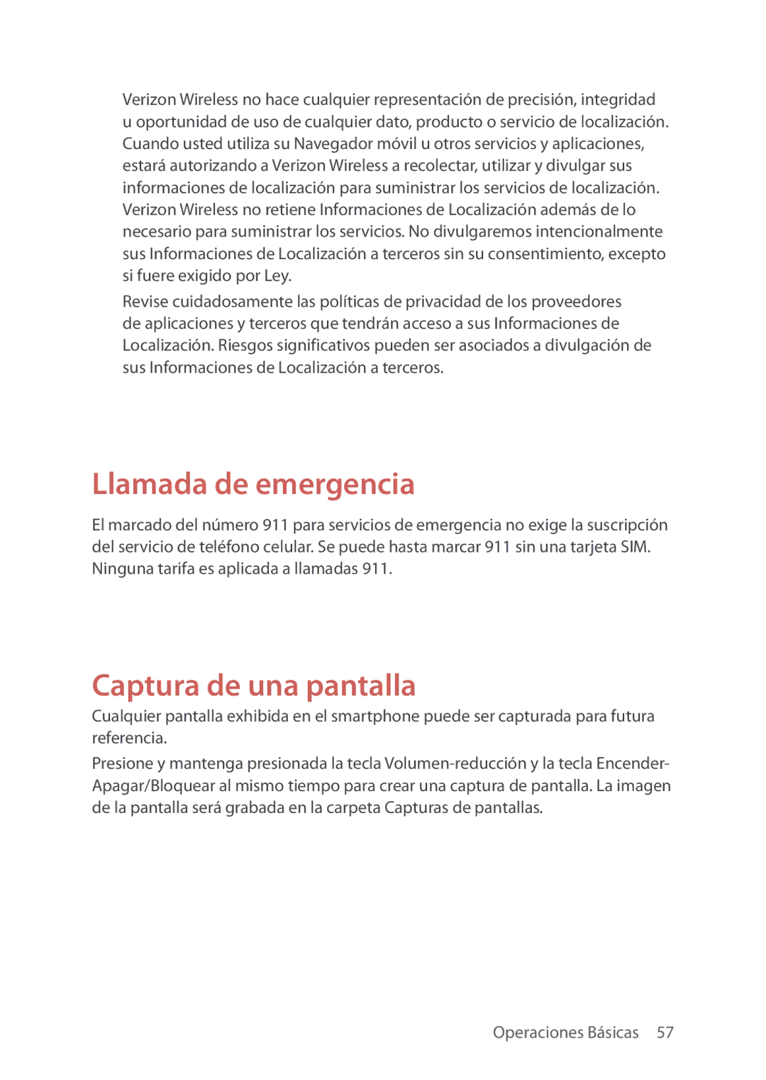 Verizon 5U000692C0A manual Llamada de emergencia, Captura de una pantalla 