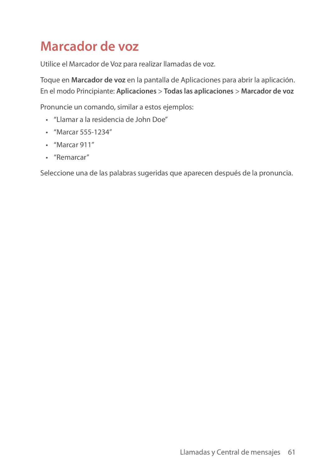 Verizon 5U000692C0A manual Marcador de voz, Utilice el Marcador de Voz para realizar llamadas de voz 