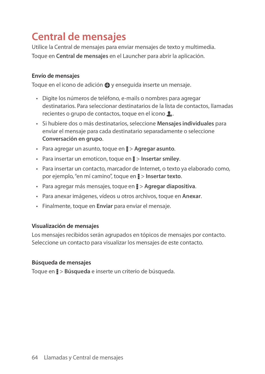 Verizon 5U000692C0A manual Central de mensajes, Envío de mensajes, Visualización de mensajes, Búsqueda de mensajes 