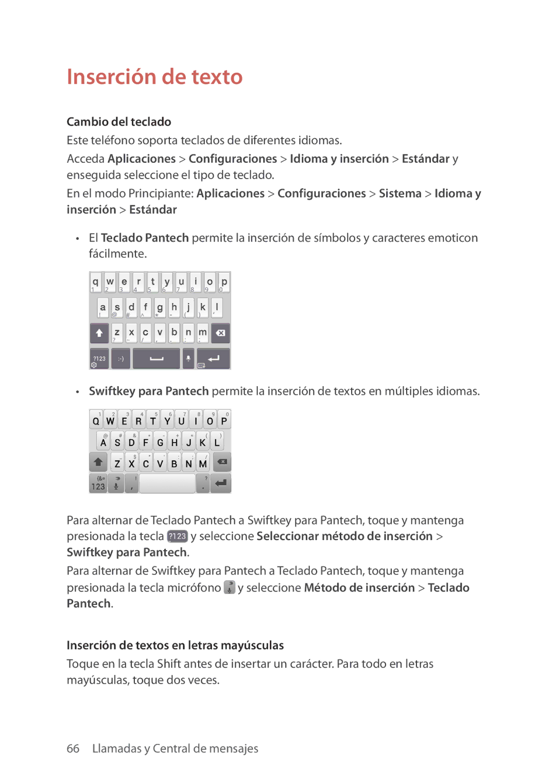 Verizon 5U000692C0A manual Cambio del teclado, Inserción de textos en letras mayúsculas 