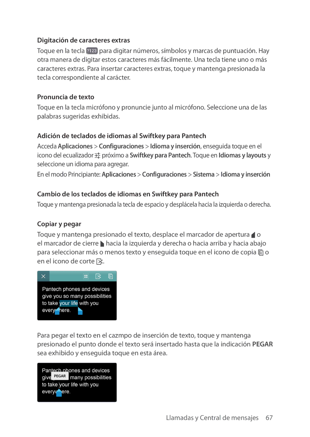 Verizon 5U000692C0A manual Digitación de caracteres extras, Pronuncia de texto, Copiar y pegar 