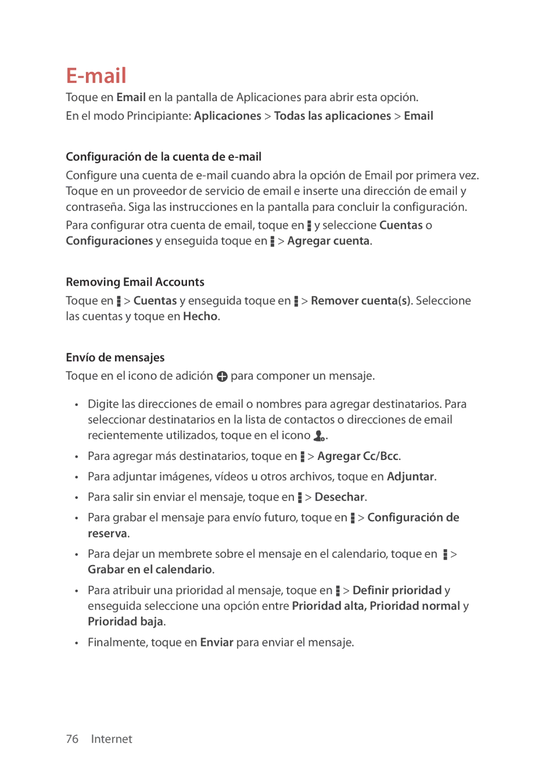 Verizon 5U000692C0A manual Mail, Configuración de la cuenta de e-mail 