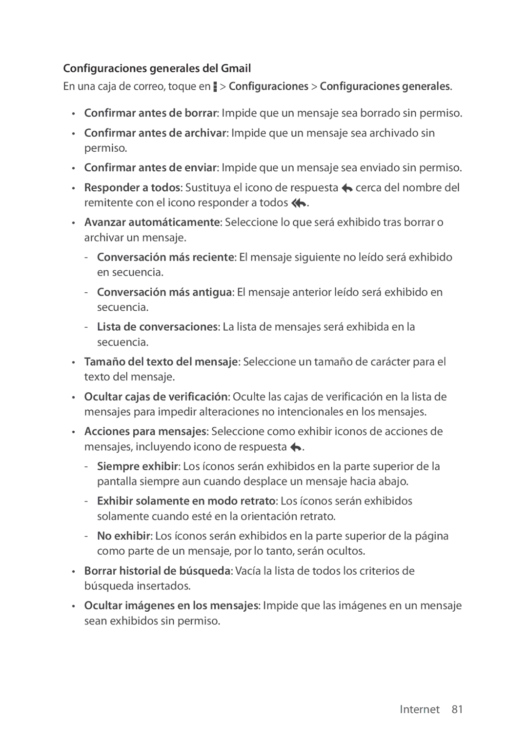 Verizon 5U000692C0A manual Configuraciones generales del Gmail 