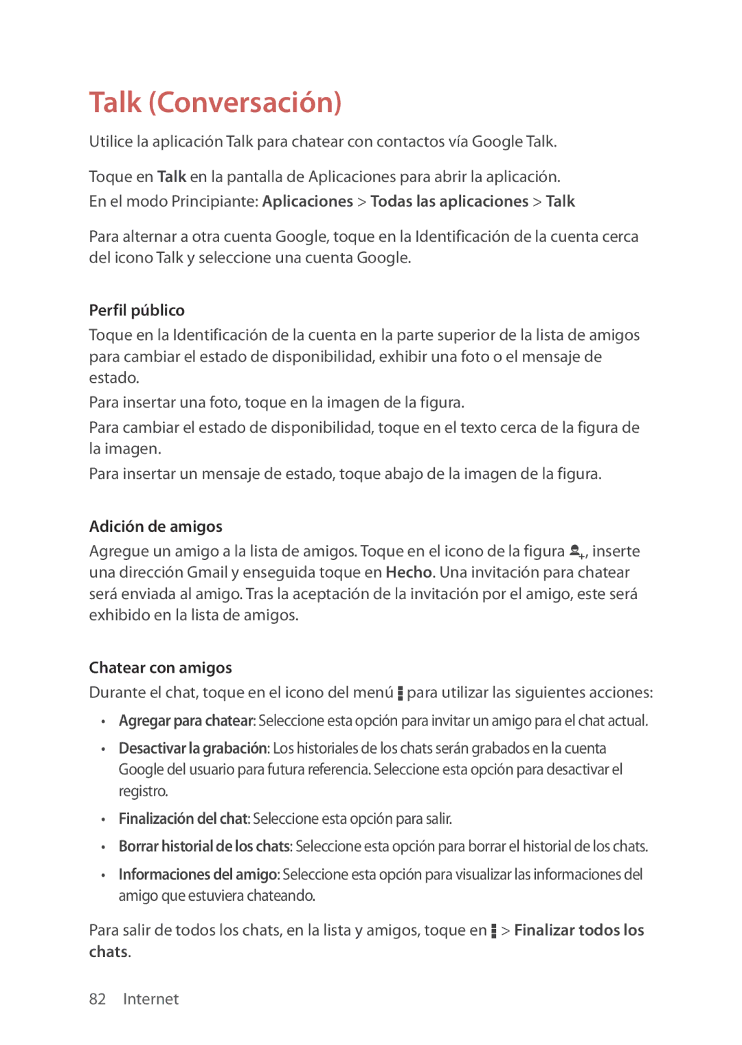 Verizon 5U000692C0A manual Talk Conversación, Perfil público, Adición de amigos, Chatear con amigos 