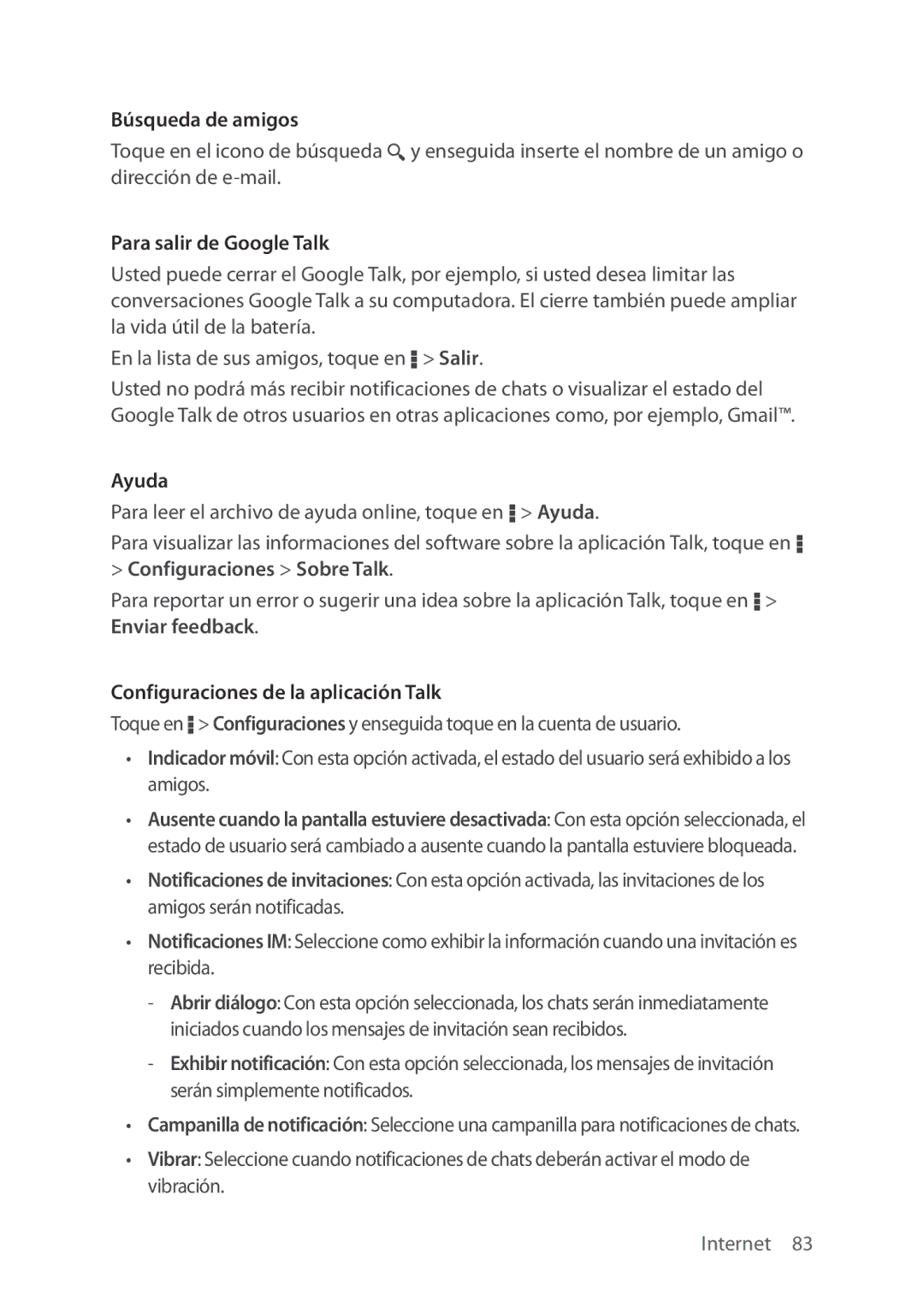 Verizon 5U000692C0A manual Búsqueda de amigos, Para salir de Google Talk, Ayuda, Configuraciones Sobre Talk 