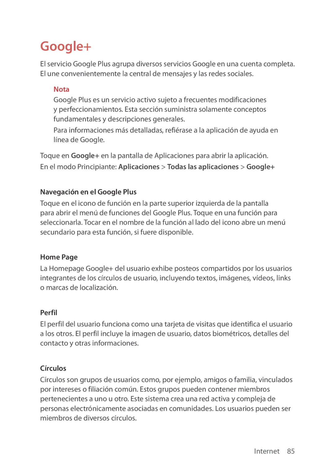 Verizon 5U000692C0A manual Navegación en el Google Plus, Perfil, Círculos 