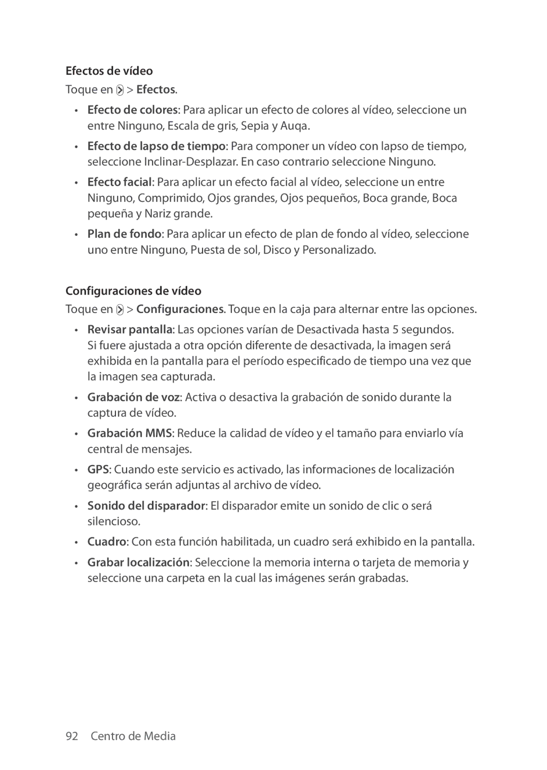 Verizon 5U000692C0A manual Efectos de vídeo, Configuraciones de vídeo 