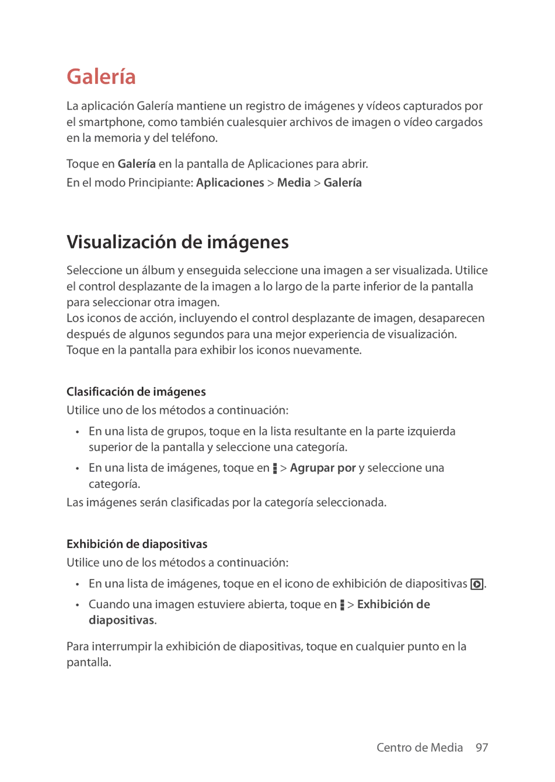 Verizon 5U000692C0A manual Galería, Visualización de imágenes, Clasificación de imágenes, Exhibición de diapositivas 