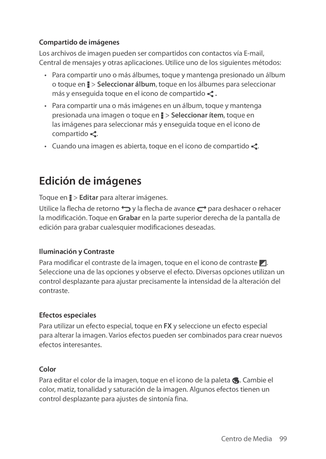 Verizon 5U000692C0A manual Edición de imágenes, Compartido de imágenes, Iluminación y Contraste, Efectos especiales 