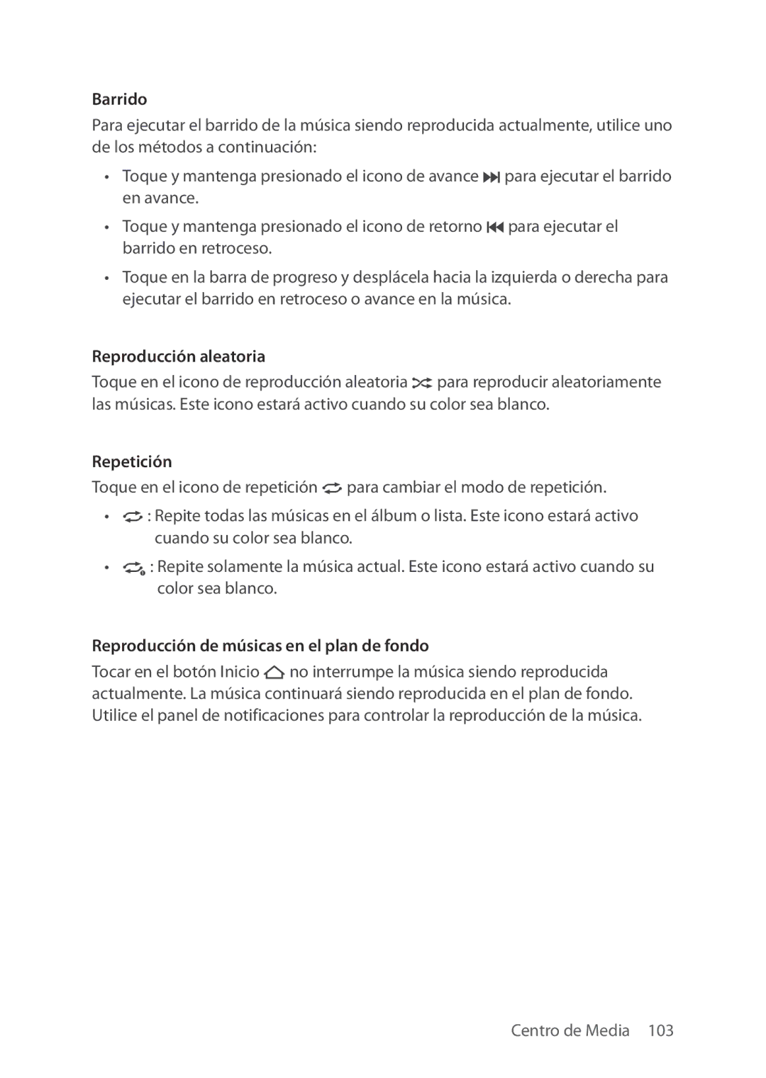 Verizon 5U000692C0A manual Barrido, Reproducción aleatoria, Reproducción de músicas en el plan de fondo 