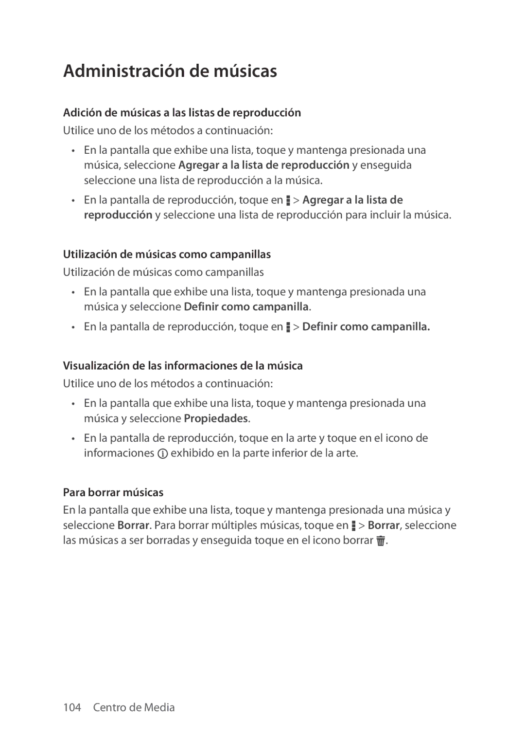 Verizon 5U000692C0A manual Administración de músicas, Adición de músicas a las listas de reproducción, Para borrar músicas 