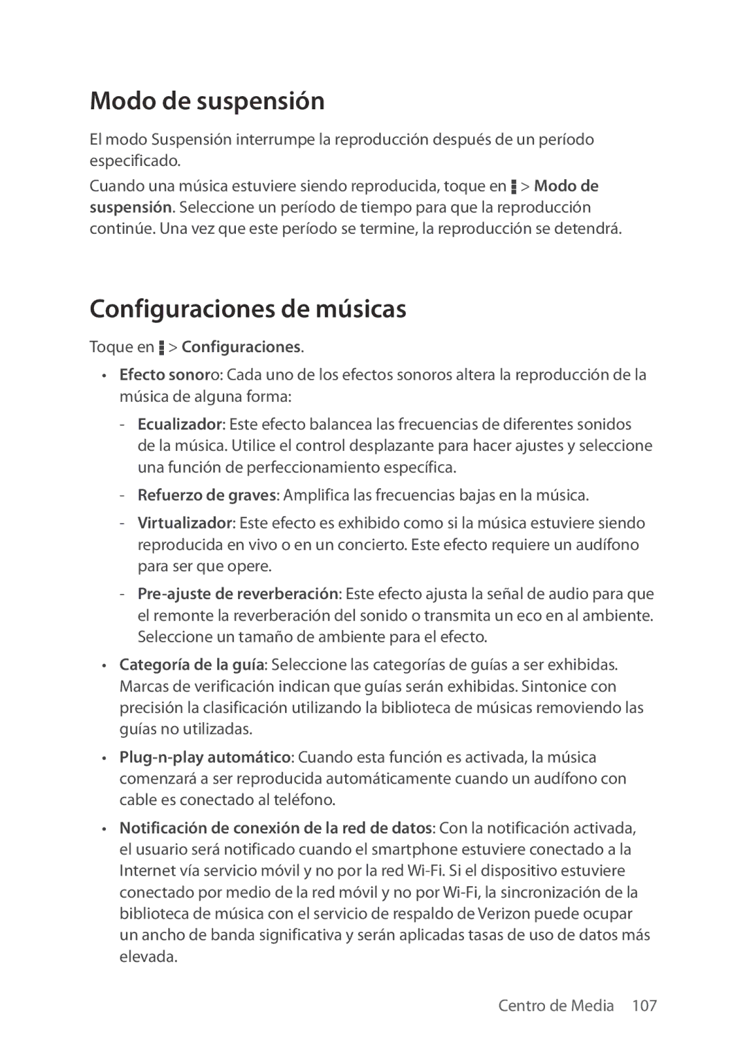 Verizon 5U000692C0A manual Modo de suspensión, Configuraciones de músicas, Toque en D Configuraciones 