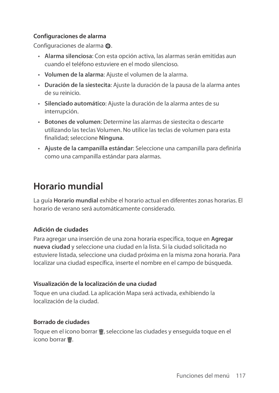 Verizon 5U000692C0A manual Horario mundial, Configuraciones de alarma, Adición de ciudades, Borrado de ciudades 