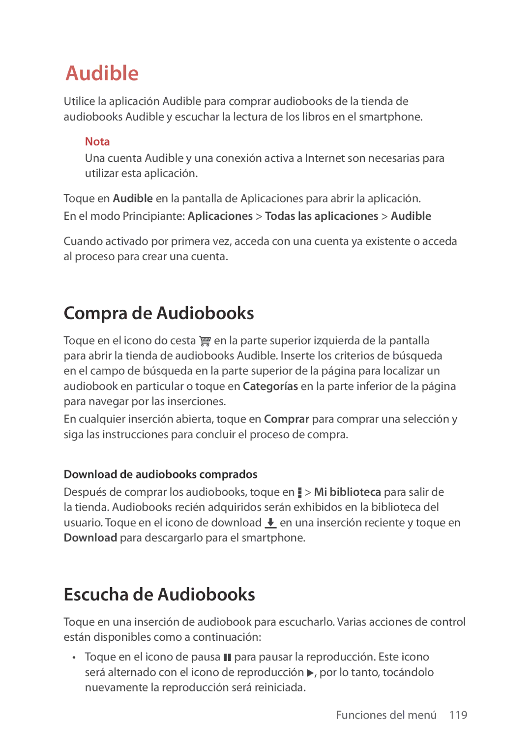 Verizon 5U000692C0A manual Compra de Audiobooks, Escucha de Audiobooks, Download de audiobooks comprados 