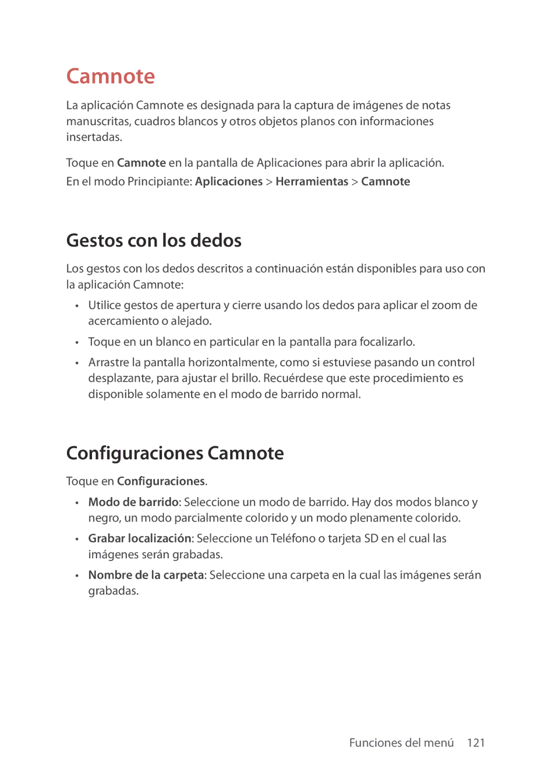 Verizon 5U000692C0A manual Configuraciones Camnote, En el modo Principiante Aplicaciones Herramientas Camnote 