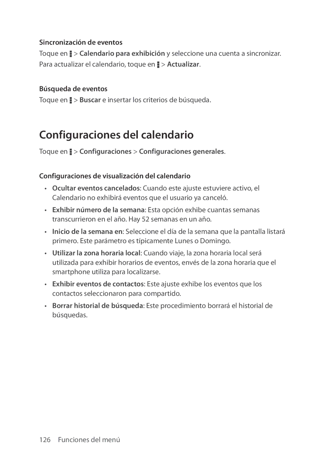 Verizon 5U000692C0A manual Configuraciones del calendario, Sincronización de eventos, Búsqueda de eventos 