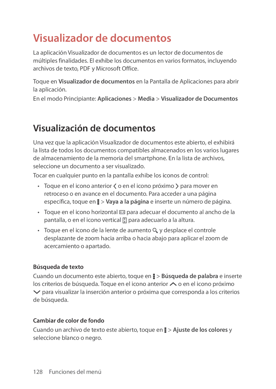 Verizon 5U000692C0A Visualizador de documentos, Visualización de documentos, Búsqueda de texto, Cambiar de color de fondo 