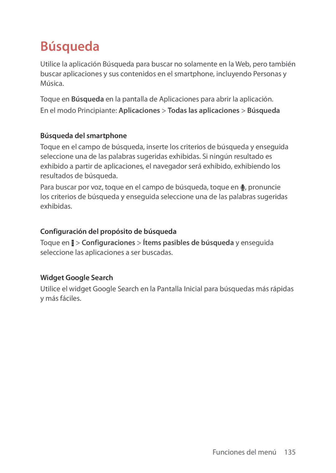 Verizon 5U000692C0A manual Búsqueda del smartphone, Configuración del propósito de búsqueda, Widget Google Search 