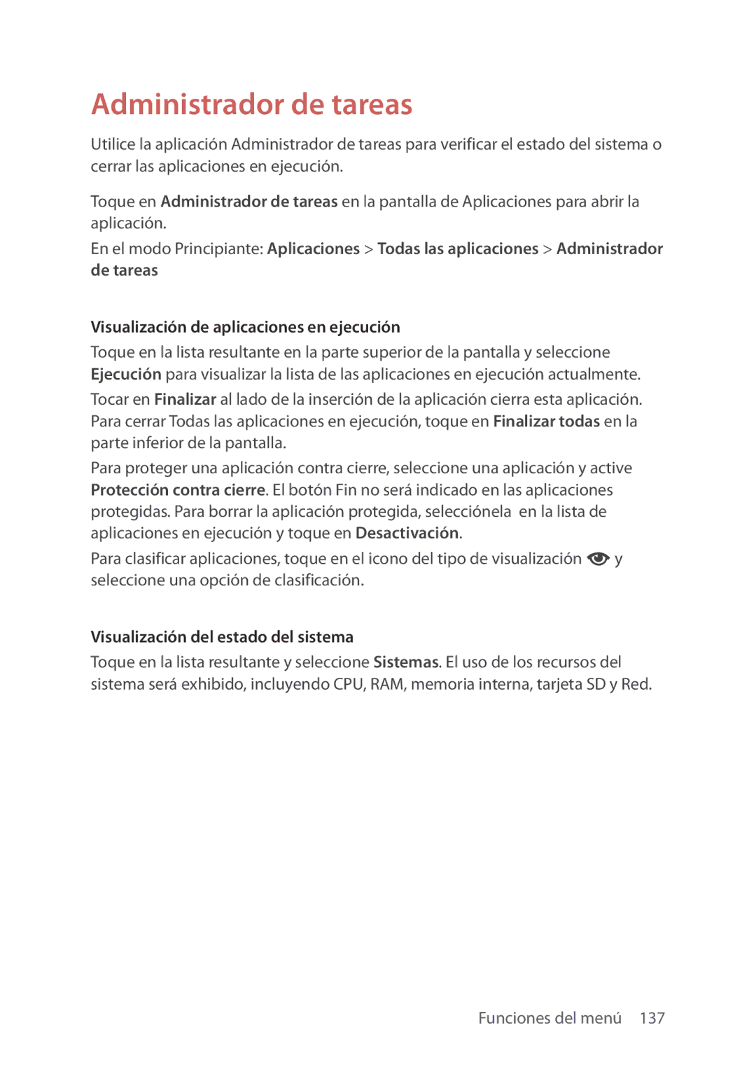 Verizon 5U000692C0A manual Administrador de tareas, Visualización de aplicaciones en ejecución 