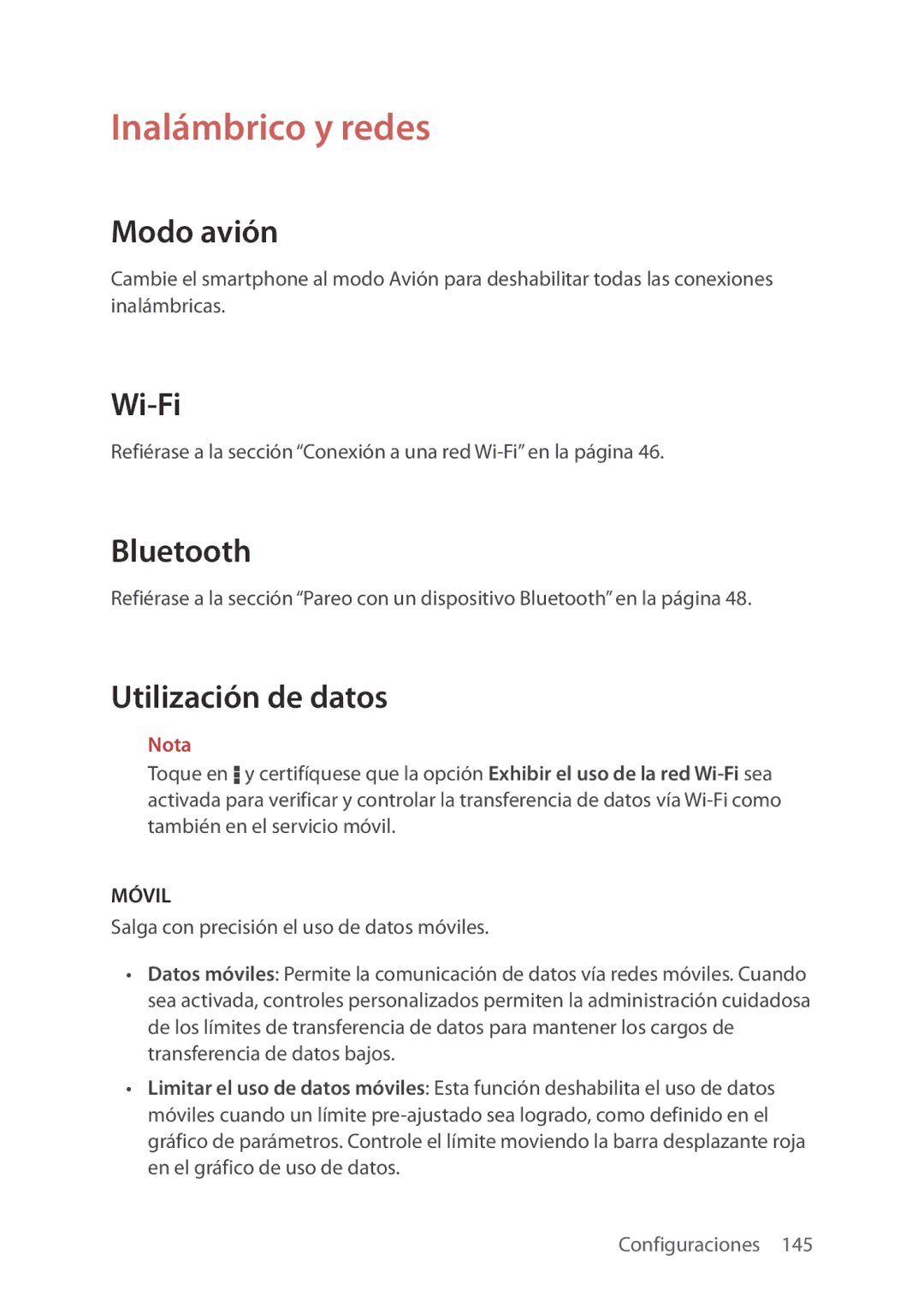 Verizon 5U000692C0A manual Inalámbrico y redes, Modo avión, Utilización de datos 