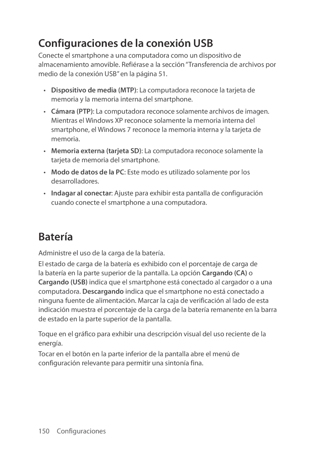 Verizon 5U000692C0A manual Configuraciones de la conexión USB, Batería 