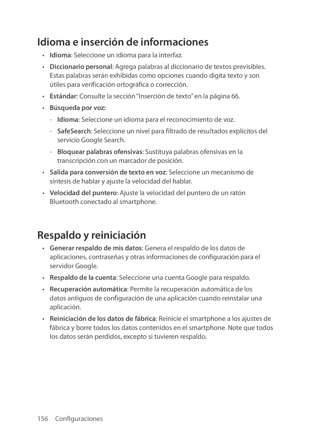 Verizon 5U000692C0A manual Idioma e inserción de informaciones, Respaldo y reiniciación, Búsqueda por voz 