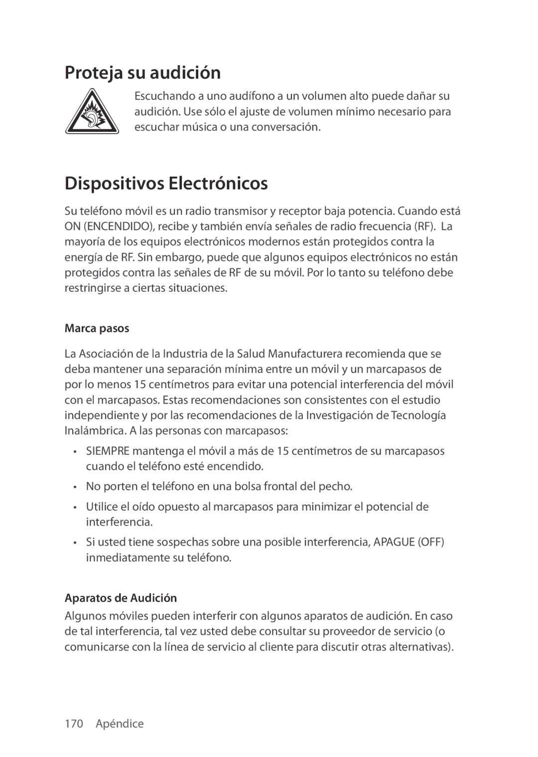 Verizon 5U000692C0A manual Proteja su audición, Dispositivos Electrónicos, Marca pasos, Aparatos de Audición 