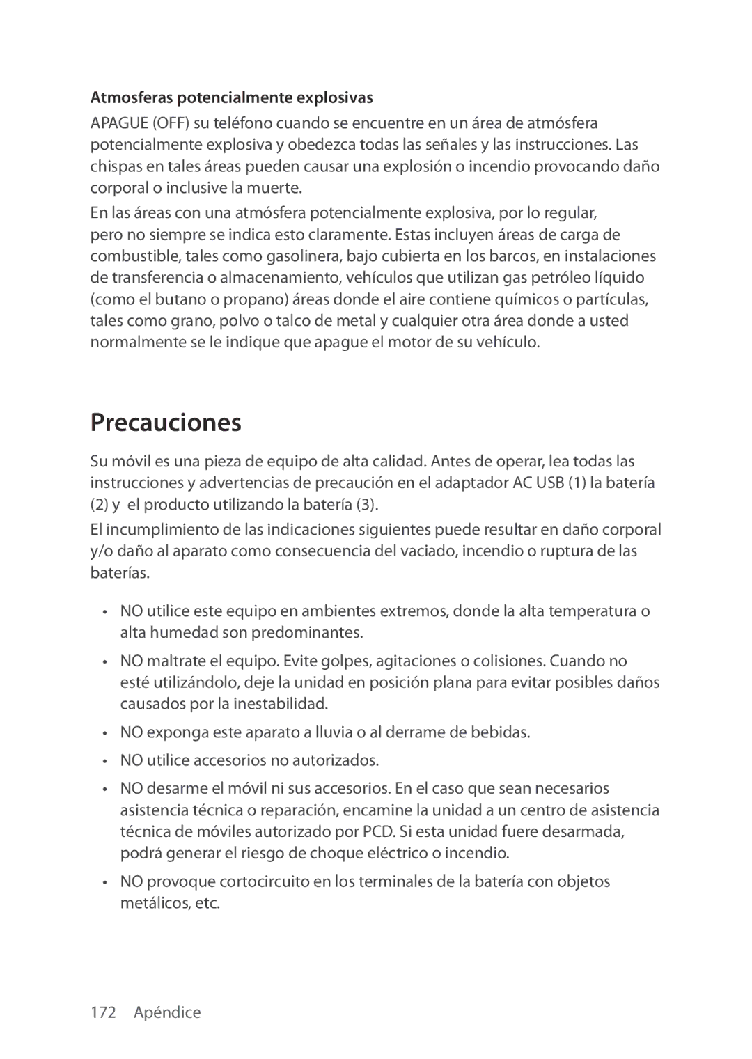 Verizon 5U000692C0A manual Precauciones, Atmosferas potencialmente explosivas 