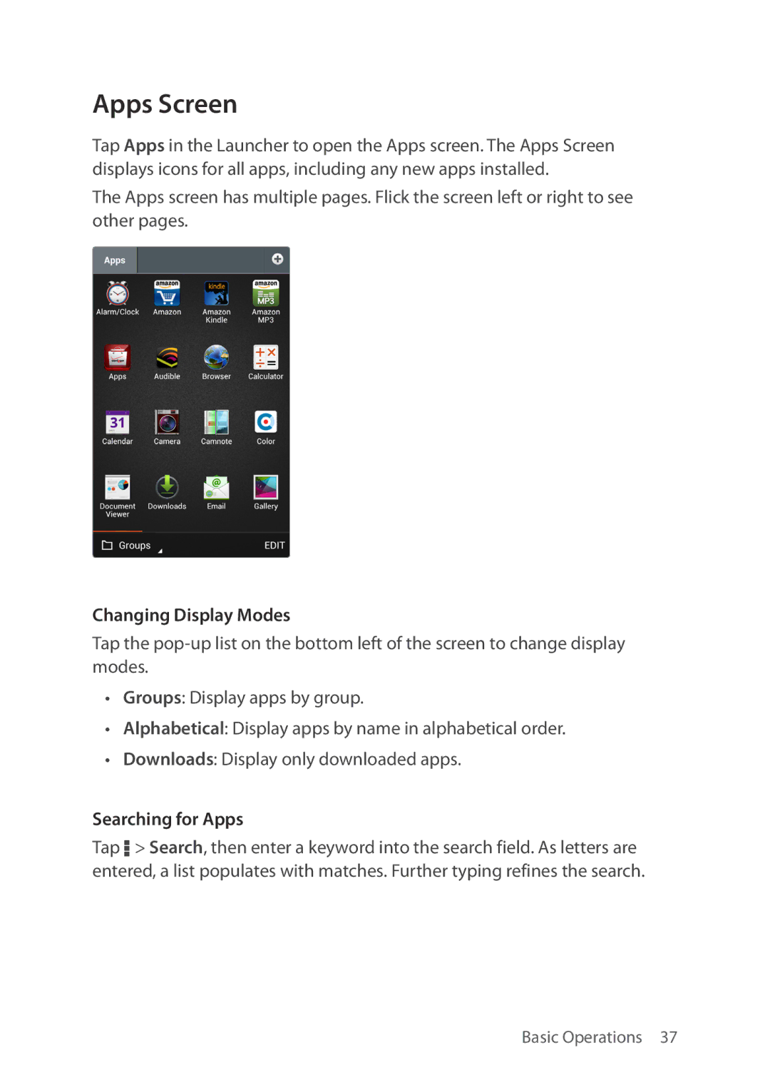 Verizon 5U000692C0A manual Apps Screen, Changing Display Modes, Searching for Apps 