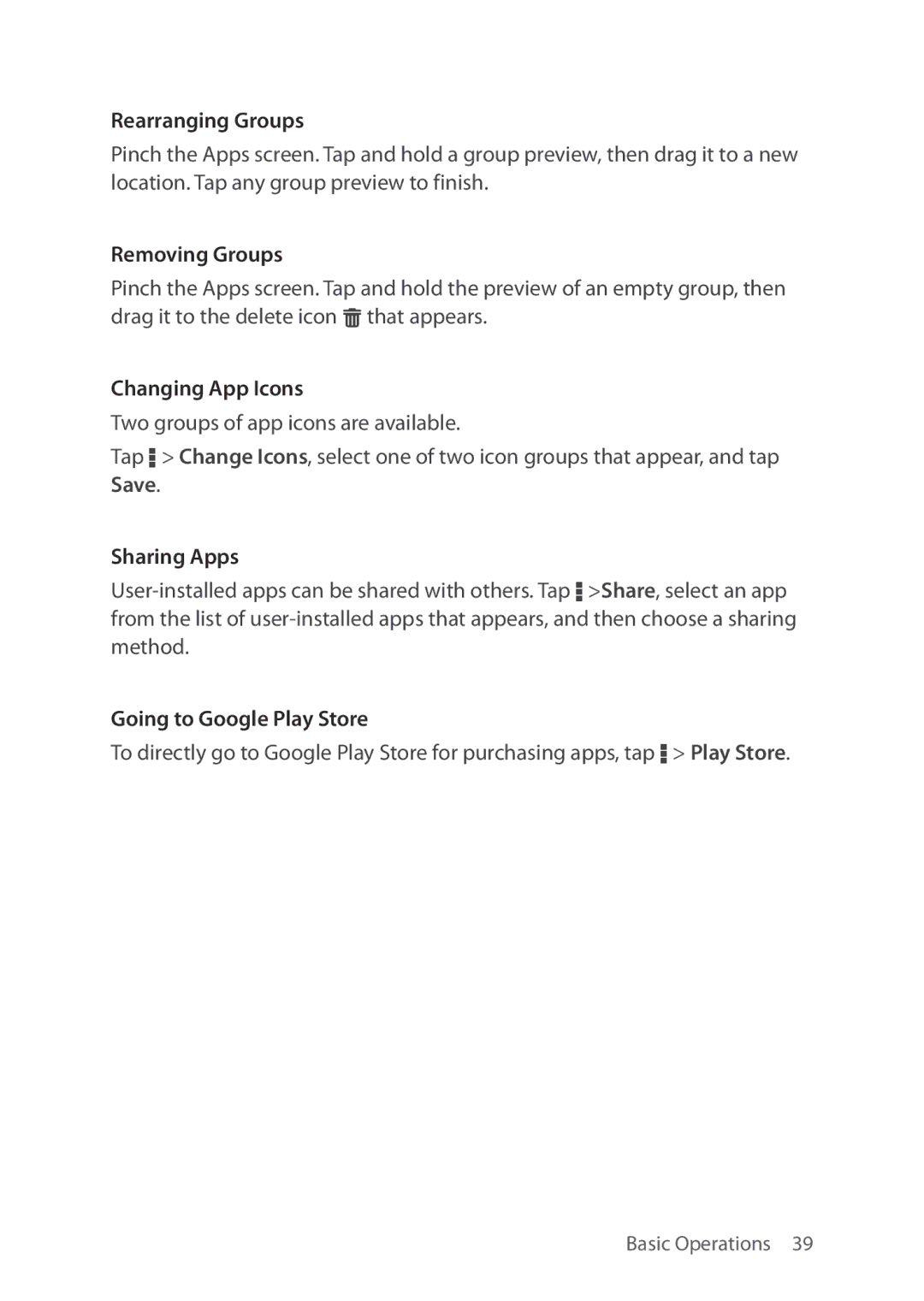 Verizon 5U000692C0A Rearranging Groups, Removing Groups, Changing App Icons, Sharing Apps, Going to Google Play Store 