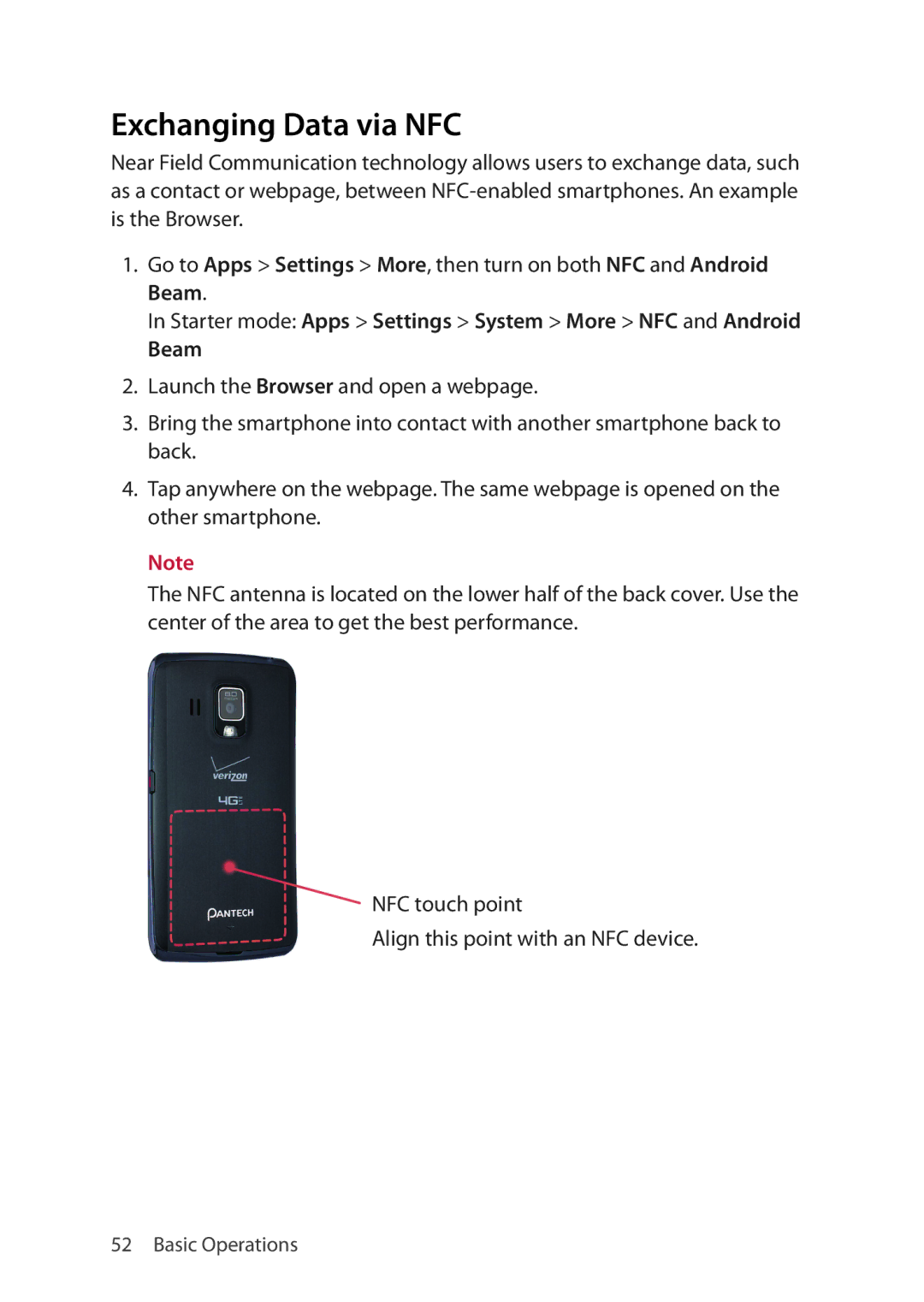 Verizon 5U000692C0A manual Exchanging Data via NFC, Starter mode Apps Settings System More NFC and Android Beam 