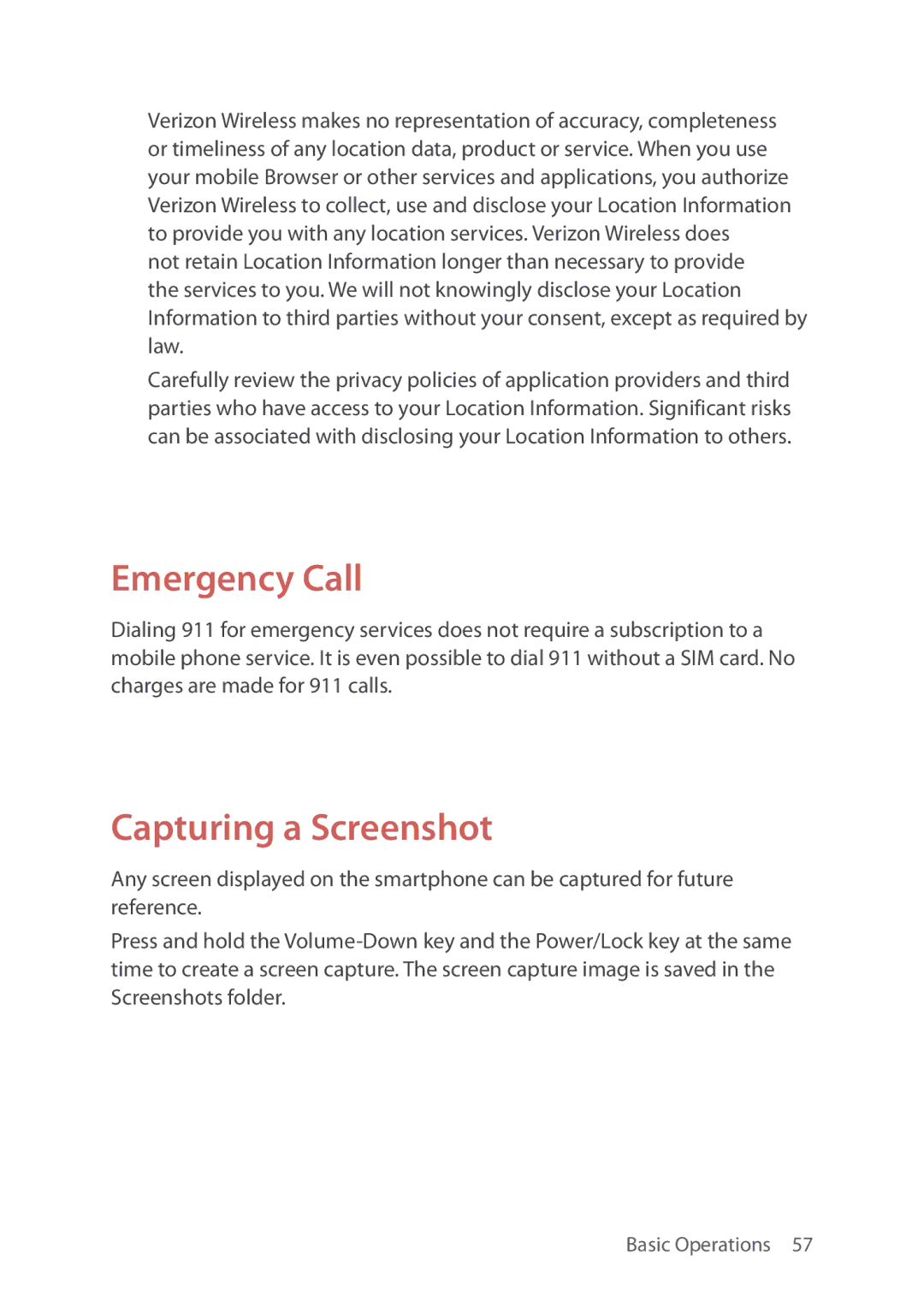 Verizon 5U000692C0A manual Emergency Call, Capturing a Screenshot 