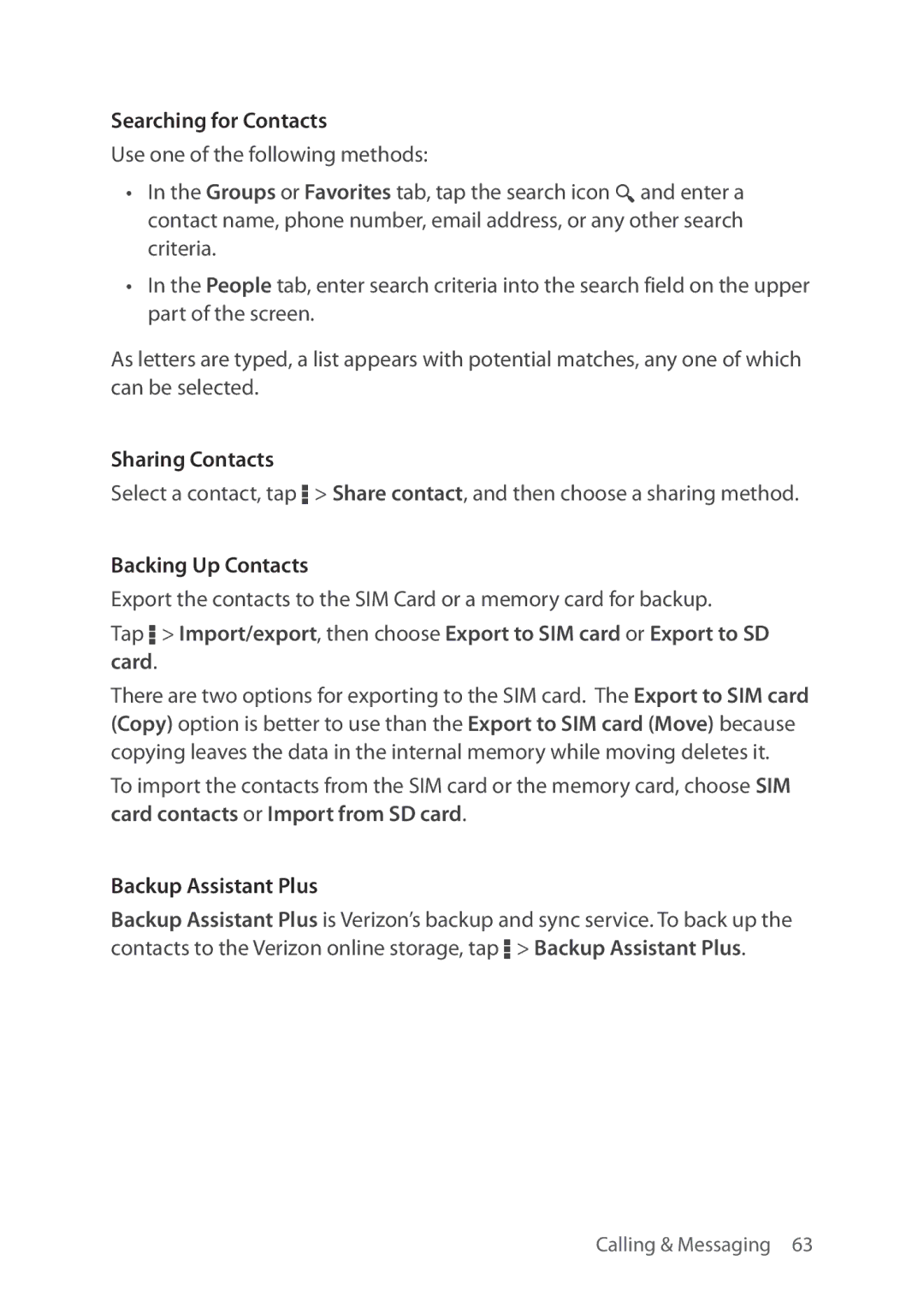 Verizon 5U000692C0A manual Searching for Contacts, Sharing Contacts, Backing Up Contacts, Backup Assistant Plus 