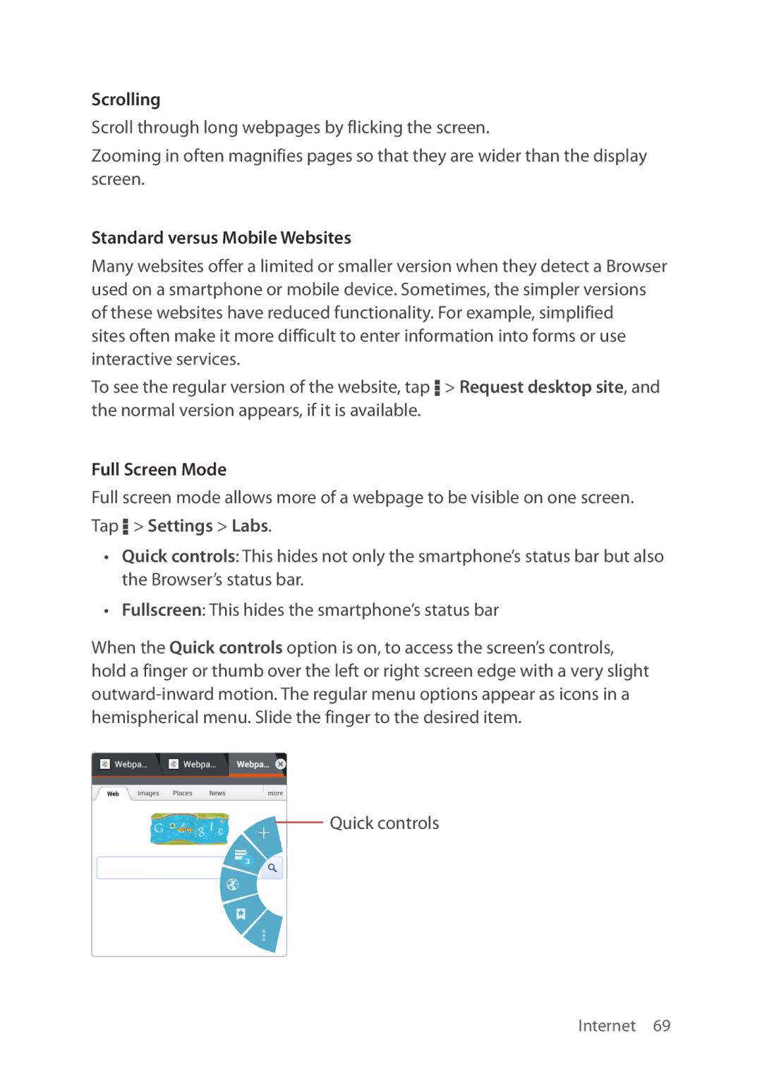 Verizon 5U000692C0A manual Scrolling, Standard versus Mobile Websites, Full Screen Mode, Tap D Settings Labs 