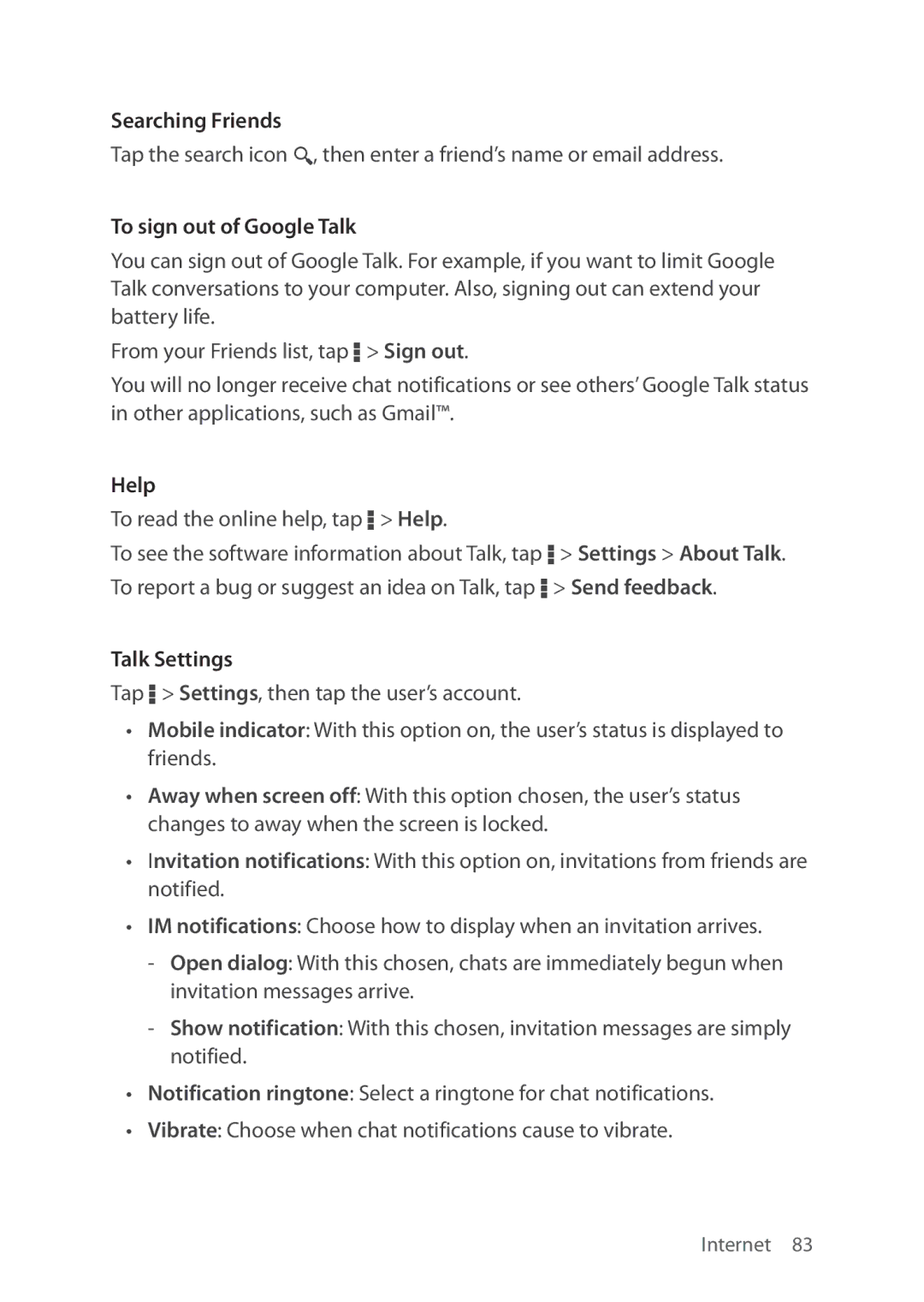 Verizon 5U000692C0A manual Searching Friends, To sign out of Google Talk, Help, Talk Settings 