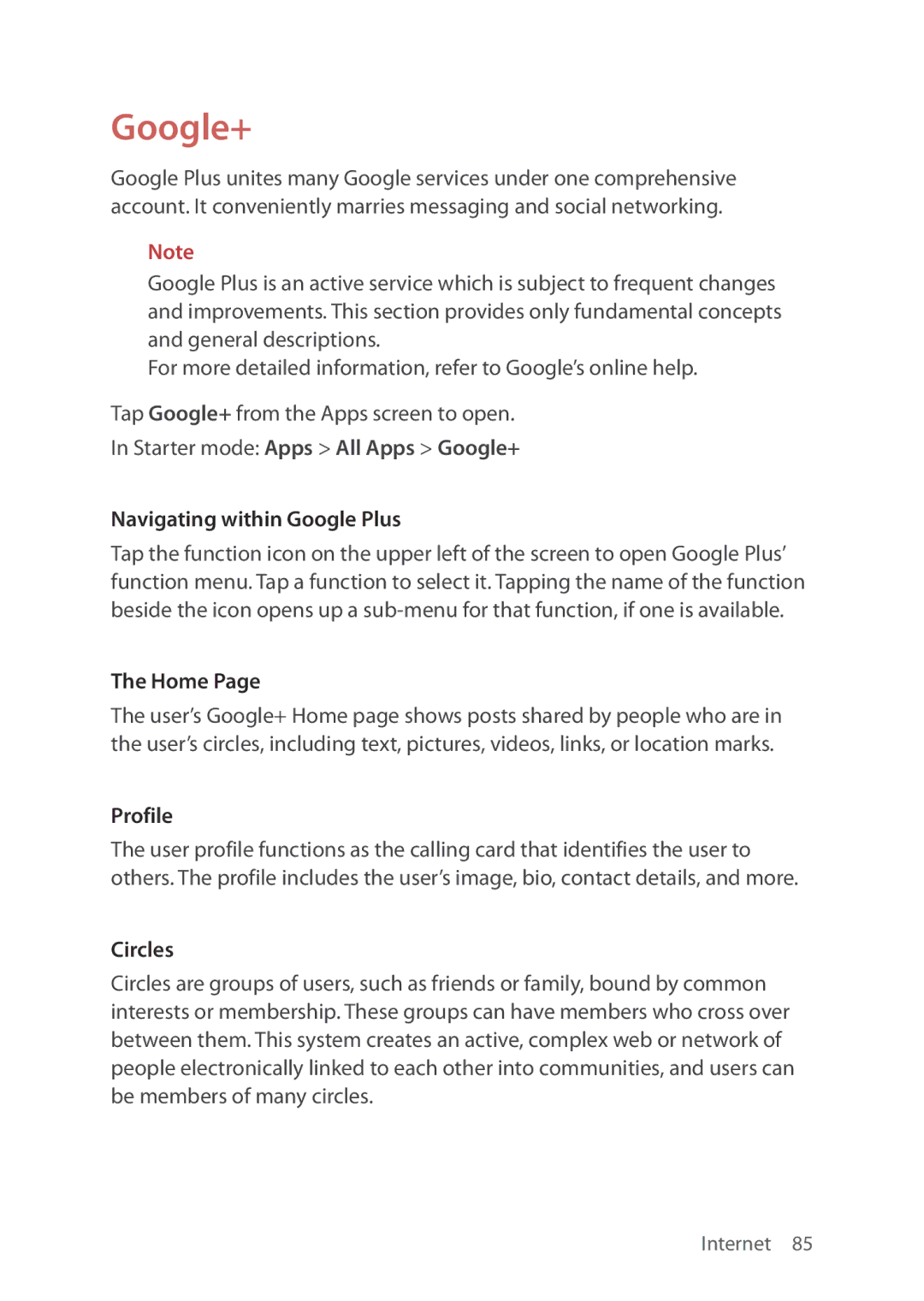 Verizon 5U000692C0A manual Google+, Navigating within Google Plus, Home, Profile, Circles 