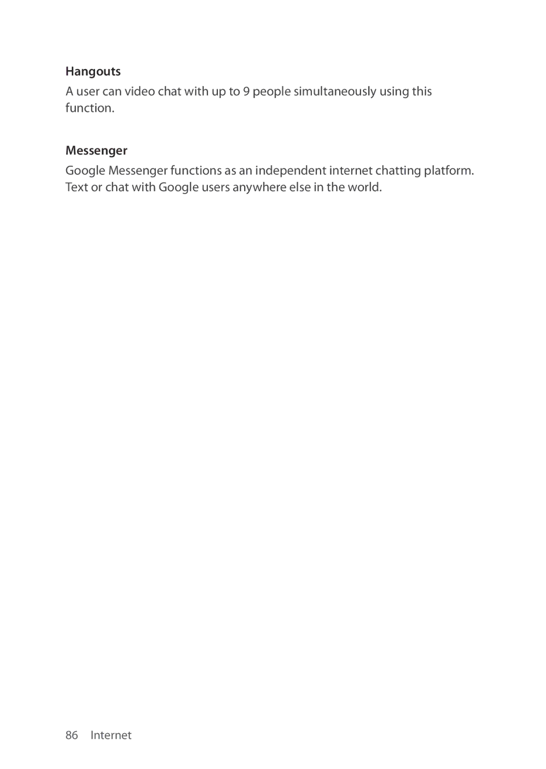 Verizon 5U000692C0A manual Hangouts, Messenger 