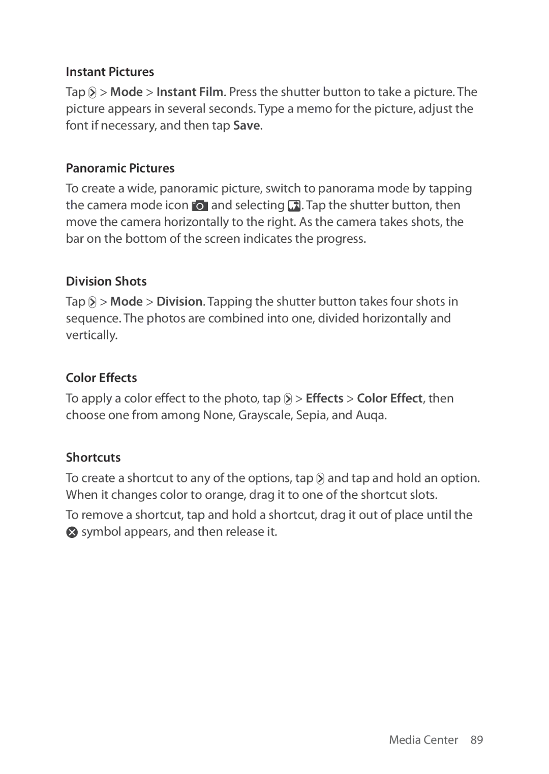 Verizon 5U000692C0A manual Instant Pictures, Panoramic Pictures, Division Shots, Color Effects, Shortcuts 