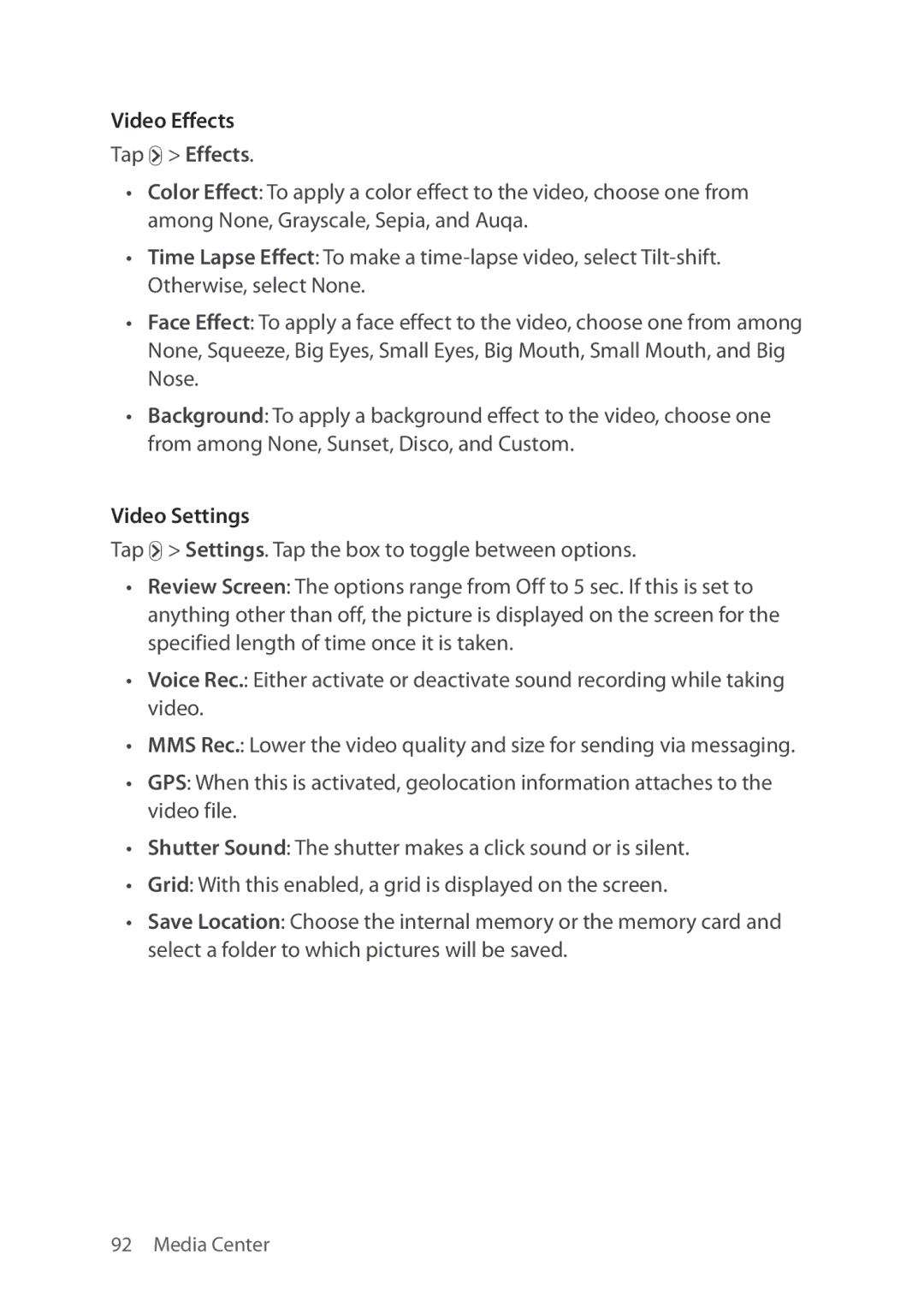 Verizon 5U000692C0A manual Video Effects, Tap Ä Effects, Video Settings 