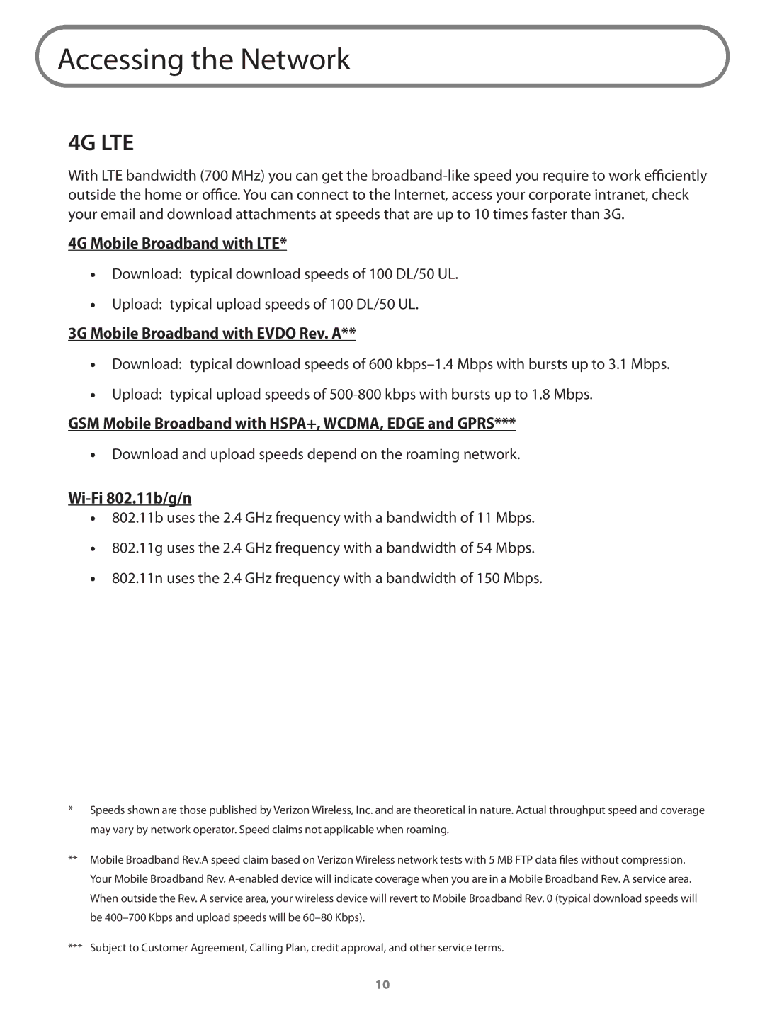 Verizon 649496017989 manual Accessing the Network, 4G Mobile Broadband with LTE, 3G Mobile Broadband with Evdo Rev. a 