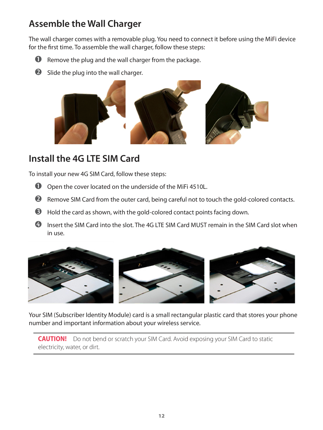 Verizon 649496017989 manual Assemble the Wall Charger, Install the 4G LTE SIM Card 